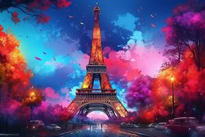 eiffel Torre nel neon stile su il sfondo di il notte cielo, eiffel Torre a notte nel Parigi, Francia. ai generato professionista foto