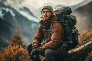 bello barbuto uomo con un' zaino seduta su un' roccia nel il montagne. ai generato professionista foto