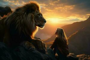 Leone e donna su il superiore di il montagna a tramonto. ai generato professionista foto
