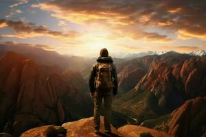 escursioni a piedi donna con zaino in piedi su superiore di un' montagna e guardare a il tramonto. ai generato professionista foto