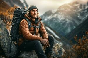 bello barbuto uomo con un' zaino seduta su un' roccia nel il montagne. ai generato professionista foto