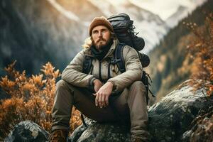 bello barbuto uomo con un' zaino seduta su un' roccia nel il montagne. ai generato professionista foto