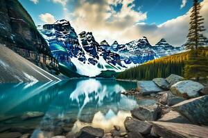 montagne e lago nel Banff nazionale parco, alberta, Canada. ai generato professionista foto