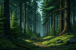 fantasia foresta con vecchio alberi e scale. fresco verde foresta con rocce e alberi. ai generato professionista foto