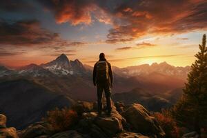 escursionista su il superiore di il montagna a tramonto. viaggio e avventura concetto. ai generato professionista foto