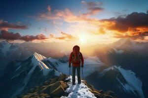 escursionista su il superiore di il montagna a tramonto. viaggio e avventura concetto. ai generato professionista foto