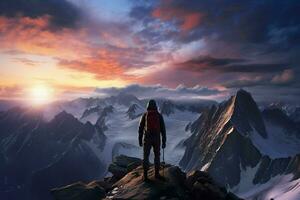 escursionista su il superiore di il montagna a tramonto. viaggio e avventura concetto. ai generato professionista foto