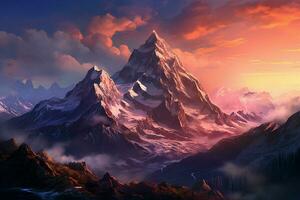 fantasia paesaggio con montagne e nuvole. 3d illustrazione. digitale la pittura. ai generato professionista foto