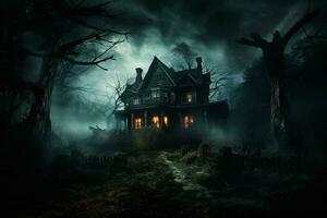 pauroso Halloween spaventoso frequentato Casa nel buio foresta. orrore Halloween concetto. ai generato professionista foto