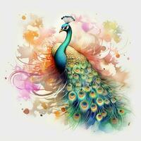 bellissimo pavone con colorato piume su floreale sfondo. colorato pavone su acquerello spruzzo sfondo. ai generato professionista foto