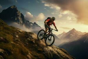 montagna bicicletta ciclista nel il montagne. sport e attivo vita concetto. ai generato professionista foto