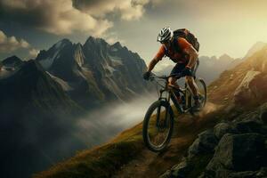 montagna bicicletta ciclista nel il montagne. sport e attivo vita concetto. ai generato professionista foto