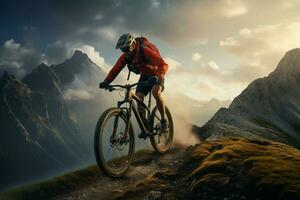 montagna bicicletta ciclista nel il montagne. sport e attivo vita concetto. ai generato professionista foto