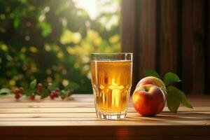 bicchiere di Mela succo e maturo mele su di legno tavolo contro naturale sfondo. ai generato professionista foto