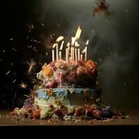 compleanno torta con ardente candele su di legno sfondo. ai generato foto
