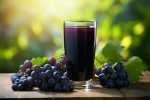 bicchiere di rosso vino con uva su un' di legno tavolo nel il vigneto. ai generato professionista foto