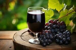 bicchiere di rosso vino con uva su un' di legno tavolo nel il vigneto. ai generato professionista foto