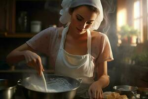 bellissimo giovane donna cucinando nel il cucina a casa. salutare cibo concetto. ai generato professionista foto