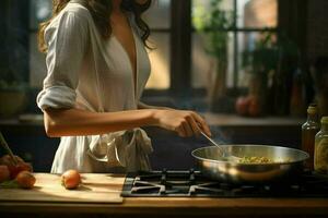 bellissimo giovane donna cucinando nel il cucina a casa. salutare cibo concetto. ai generato professionista foto