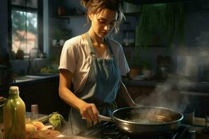 bellissimo giovane donna cucinando nel il cucina a casa. salutare cibo concetto. ai generato professionista foto