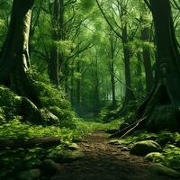 fantasia paesaggio con sentiero nel il foresta. tropicale giardino con palma alberi e percorso. ai generato professionista foto