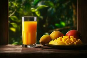 bicchiere di Mango succo su di legno sfondo. salutare bere. ai generato professionista foto