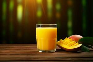 bicchiere di Mango succo su di legno sfondo. salutare bere. ai generato professionista foto