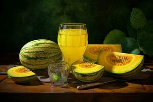 bicchiere di muschio melone succo su di legno sfondo. salutare bere. ai generato professionista foto