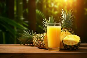 bicchiere di ananas succo su di legno sfondo. salutare bere. ai generato professionista foto