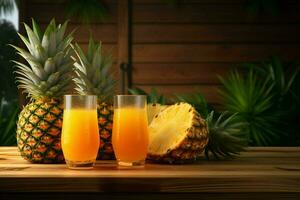 bicchiere di ananas succo su di legno sfondo. salutare bere. ai generato professionista foto