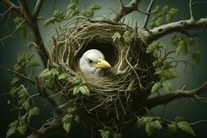 uccello nel il nido su il albero. 3d resa. Vintage ▾ stile. ai generato professionista foto