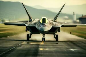 militare combattente Jet su il pista di decollo di un aeroporto. 3d resa. ai generato professionista foto