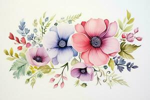 saluto carta con acquerello fiori fatto a mano. colorato acquerello floreale mazzo su bianca sfondo, Vintage ▾ stile. ai generato foto