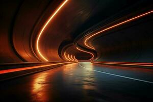futuristico tunnel con leggero sentieri a notte, lungo esposizione foto prese nel un' tunnel. ai generato gratuito foto