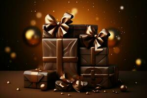 cioccolato regalo scatole con fiocchi e nastri su buio sfondo. ai generato gratuito foto