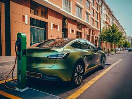 ev elettrico auto con un' Basso batteria caricare a un elettrico ricarica stazione.generativa ai. foto