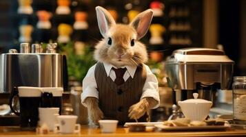 coniglietto vestito come un' barista servendo coffee.generative ai. foto