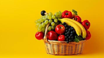impostato di frutta e verdura cestino contenente uva Mango carote Mela banane e pomodori su bianca sfondo .generativo ai. foto