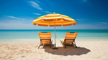 paesaggio spiaggia sedie e ombrello su sbalorditivo tropicale beach.generative ai. foto