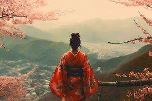 donna indossare un' chimono con ciliegia fiori e fuji montagna.generativo ai. foto