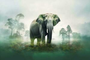 Doppio esposizione elefante con verde foresta.generativa ai. foto