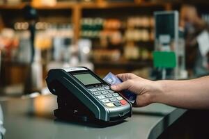 mano Tenere credito carta pagamento macchina nel il supermercato.generativo ai. foto