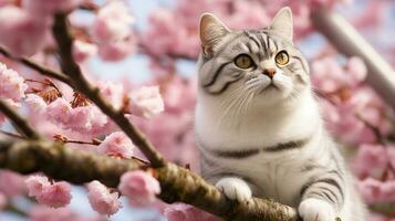 americano capelli corti gatto in piedi su ciliegia fiorire ramo.generativo ai. foto