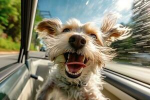 contento cane con testa su di il auto finestra.generativa ai. foto