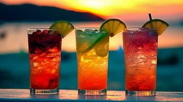 colorato cocktail su tropicale spiaggia con tramonto.generativo ai. foto