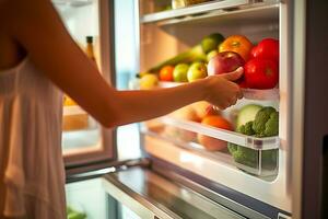 donna apertura un' frigorifero pieno di frutta e verdure.generativo ai. foto