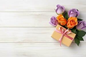 superiore Visualizza rosa Rose e regalo scatola su bianca di legno table.generative ai. foto