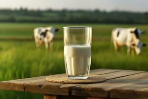 fresco latte su di legno con erba campo e mucche background.generative ai. foto