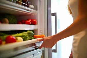 donna apertura un' frigorifero pieno di frutta e verdure.generativo ai. foto
