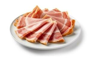 prosciutto su un' piatto isolato su bianca sfondo .generativo ai. foto